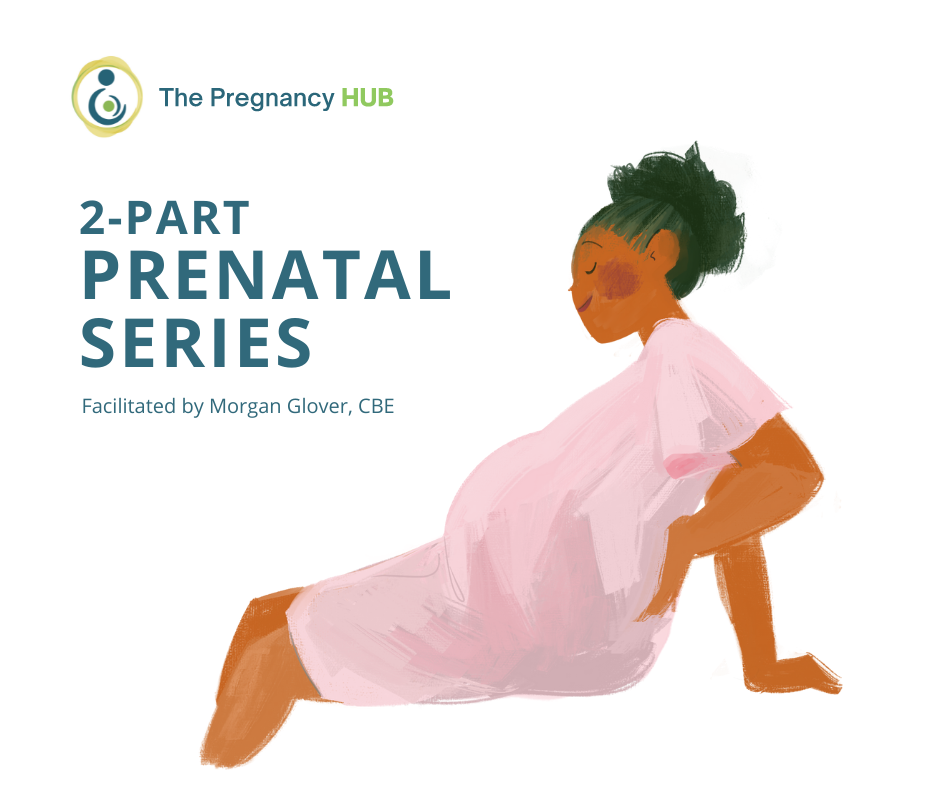 illustrated image of pregnant person leaning back with one hand on back and with text that reads The Pregnancy HUB 2 part Prenatal Series facilitated by Morgan Glover, CBE