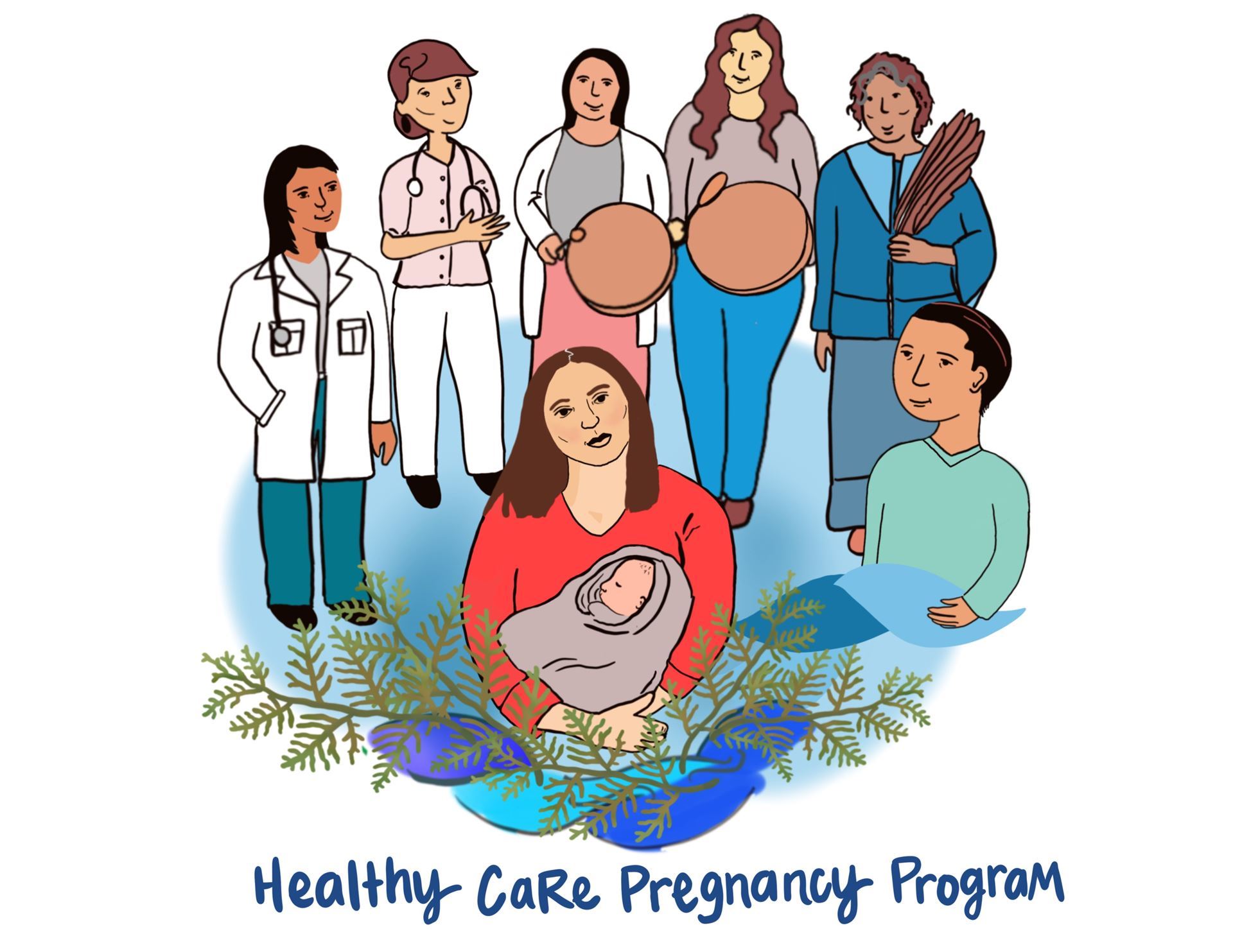 illustrated image of a circle of people in medical professionals, Indigenous Elder, Indigenous people with drums, and a mother holding a young baby, with the wording: healthy care pregnancy program.