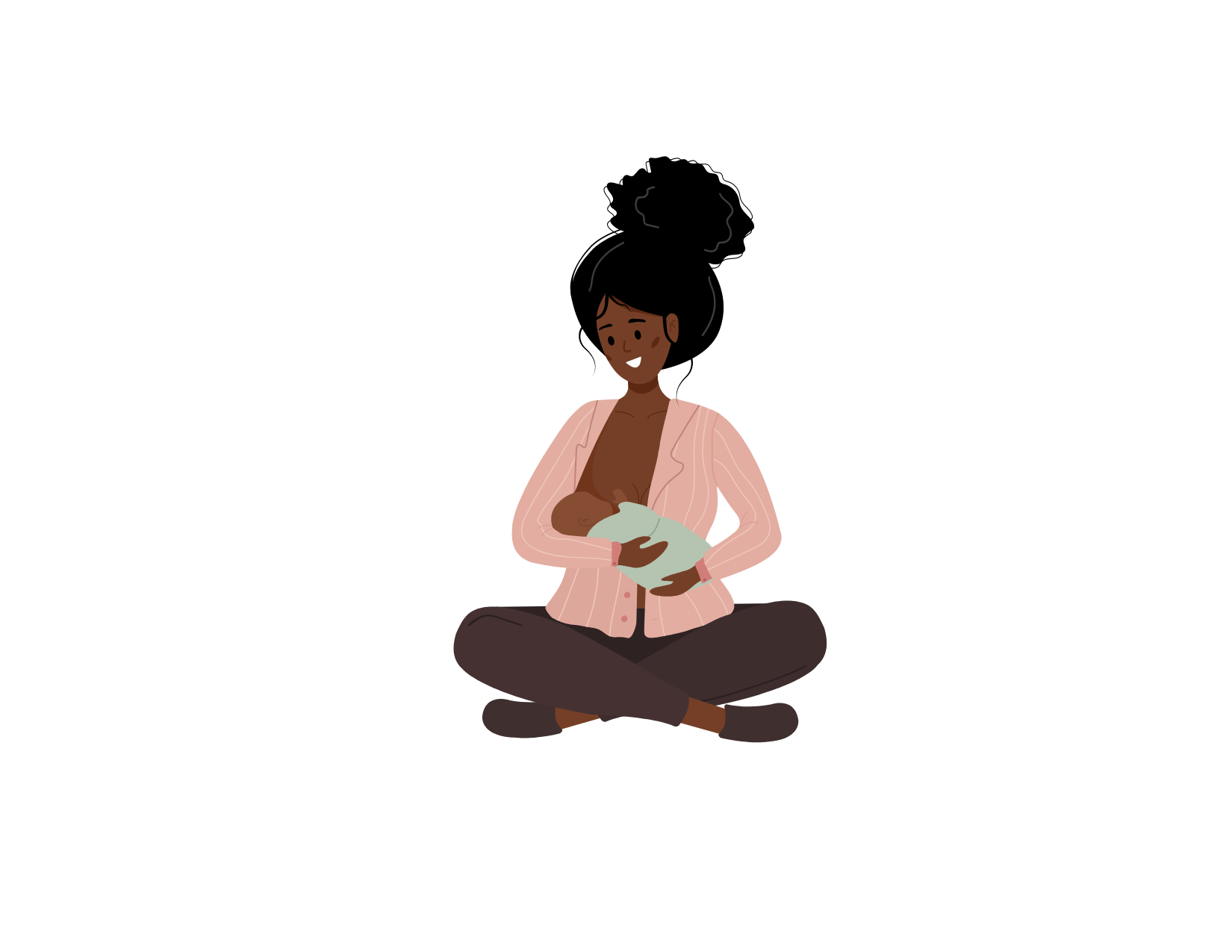illustrated image of person sitting cross legged while breastfeeding/chestfeeding a baby