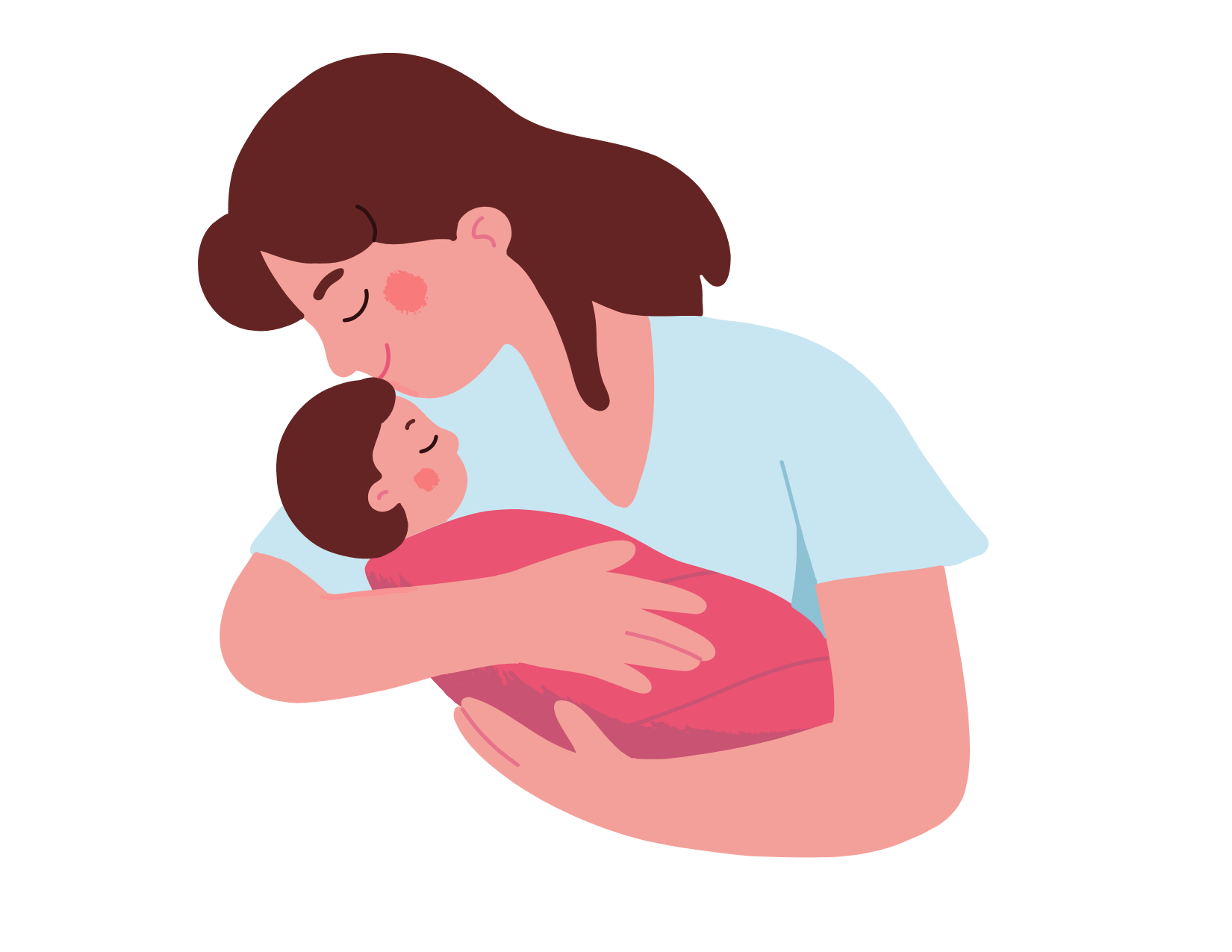 illustrated image of a person cradling a newborn baby while kissing its forehead