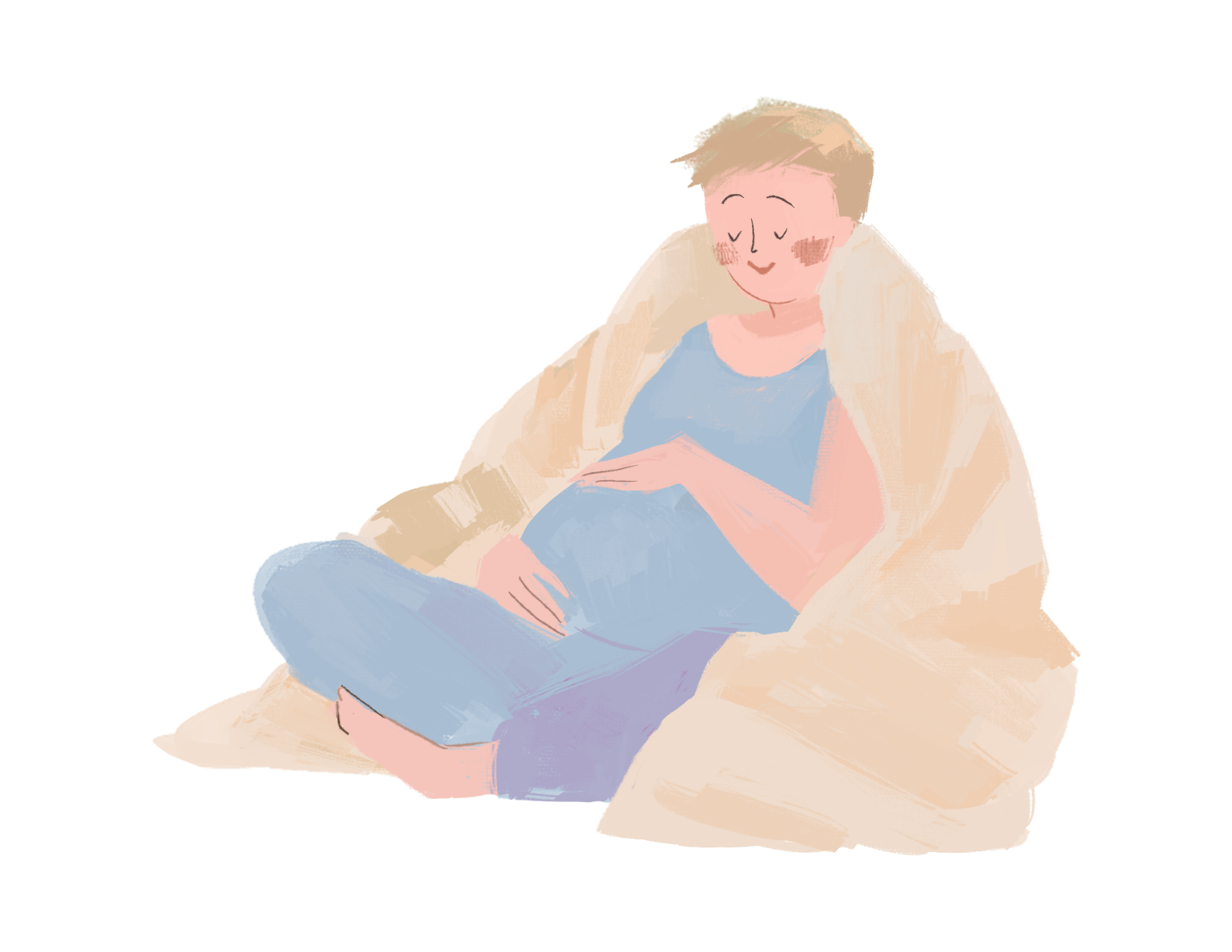 illustrated image of pregnant person sitting with legs crossed holding their belly with a blanket 