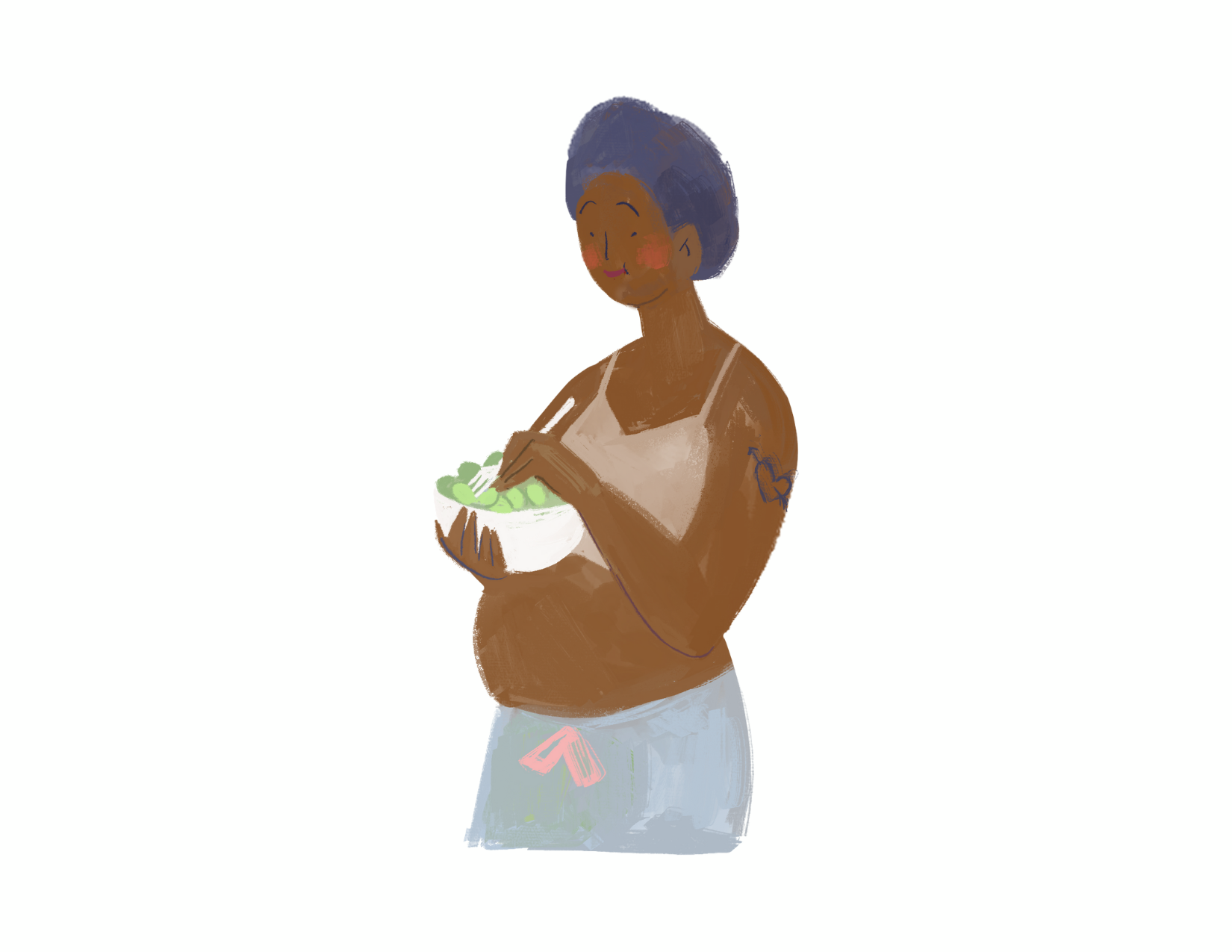 illustrated image of a pregnant person with a bowl of salad resting on their belly