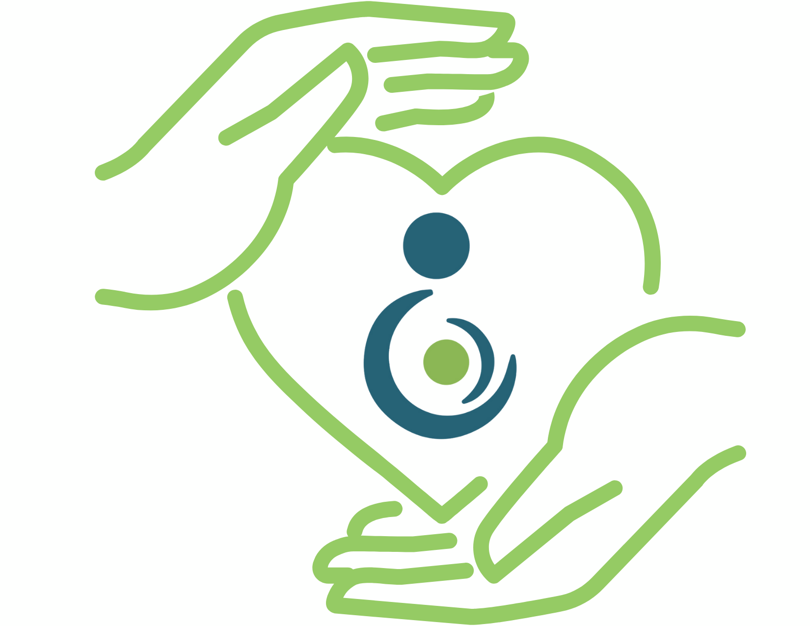 illustrated image of an outline of 2 hands holding a heart with a pregnancy hub logo in the the middle of the heart.